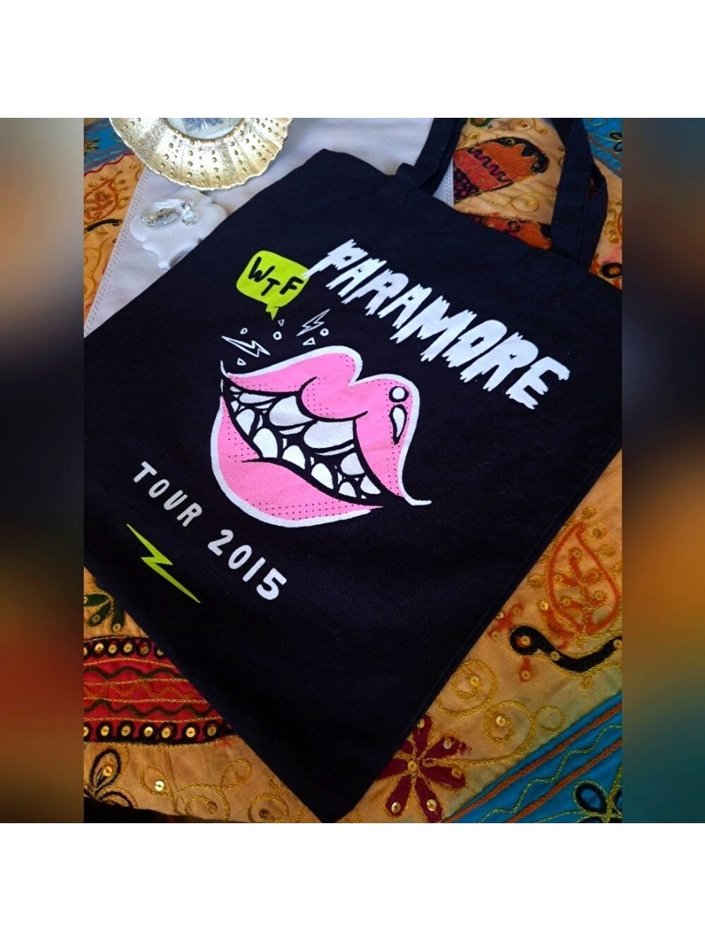 Paramore Black Tote Bag with Pink and White Design